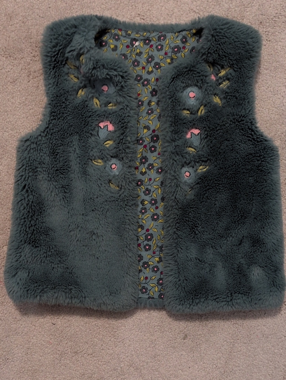 Kids Faux Fur Vest in Teal with Floral Trim (See Photos For Size)